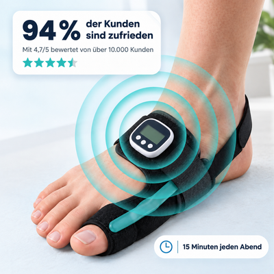 EMS-Hallux-valgus-Schiene · Fünfzehn Minuten pro Abend · Zehn Modi