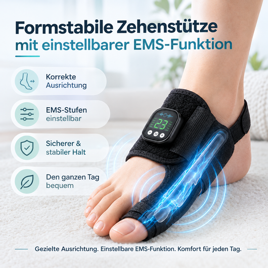 EMS-Hallux-valgus-Schiene · Fünfzehn Minuten pro Abend · Zehn Modi