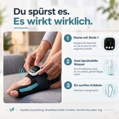 EMS-Hallux-valgus-Schiene · Fünfzehn Minuten pro Abend · Zehn Modi