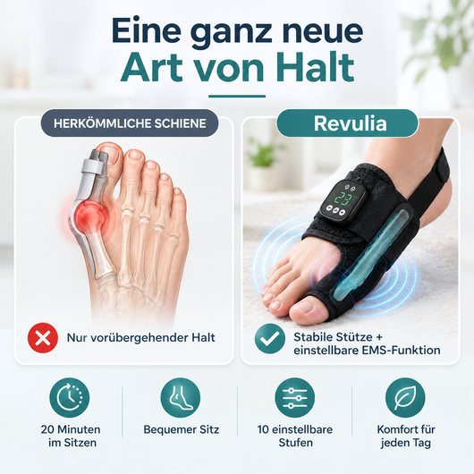 EMS-Hallux-valgus-Schiene · Fünfzehn Minuten pro Abend · Zehn Modi
