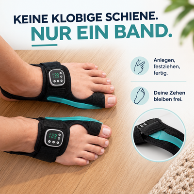 EMS-Hallux-valgus-Schiene · Fünfzehn Minuten pro Abend · Zehn Modi