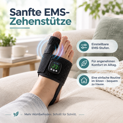 EMS-Hallux-valgus-Schiene · Fünfzehn Minuten pro Abend · Zehn Modi