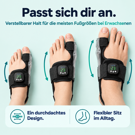 EMS-Hallux-valgus-Schiene · Fünfzehn Minuten pro Abend · Zehn Modi