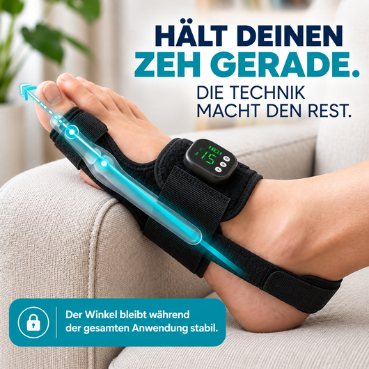EMS-Hallux-valgus-Schiene · Fünfzehn Minuten pro Abend · Zehn Modi